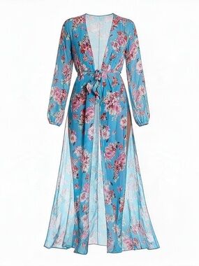 SEXY BLUE FLORAL LONG SLEEVE LONG SIDE SLIT SWIMSUIT COVER UP Size M